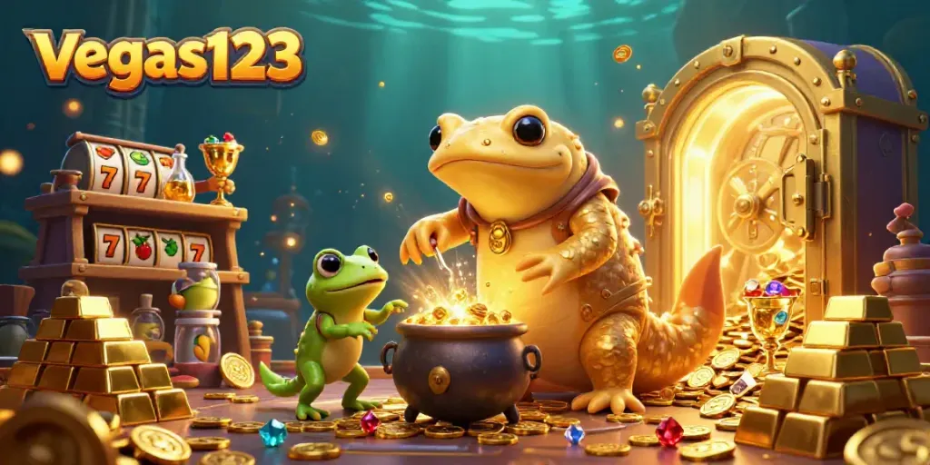 Ilustrasi 3D vegas123 yang menampilkan alkemis salamander emas di lab, memutar logam biasa jadi koin emas.