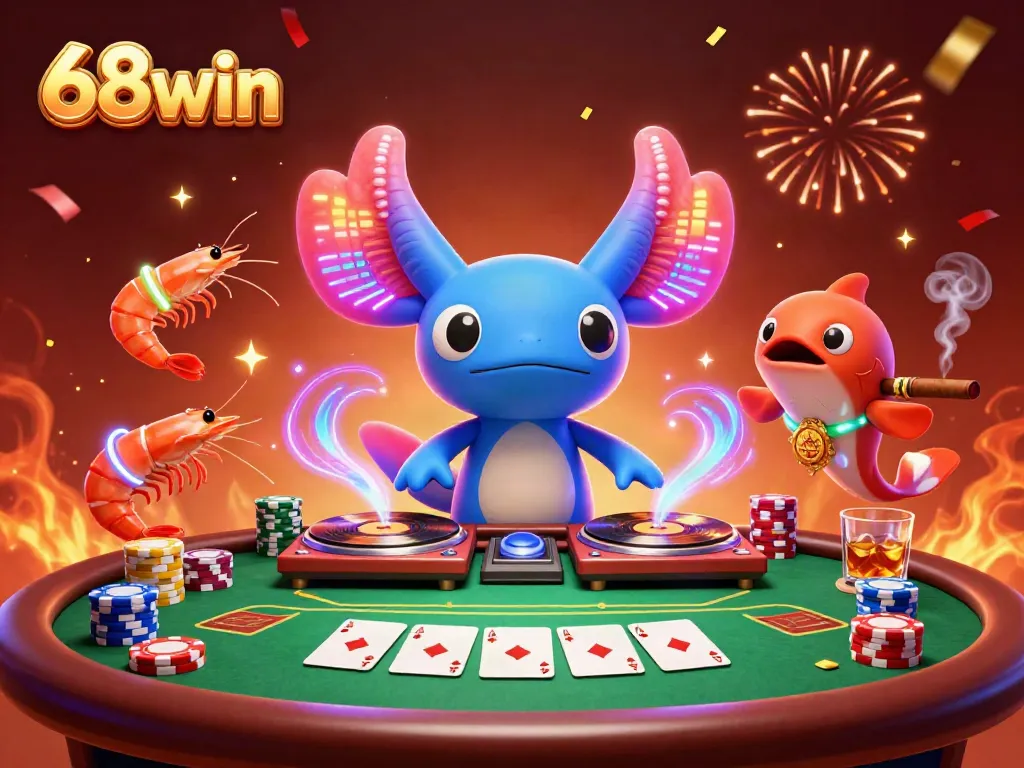 Experience the excitement at 68win with a vibrant 3D casino scene featuring a neon axolotl DJ and dynamic games.