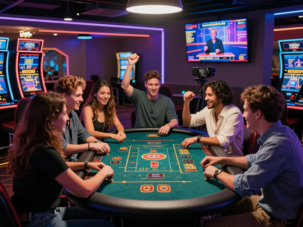 Giovani amici che festeggiano una vincita nei migliori casino online, interagendo con un dealer dal vivo.