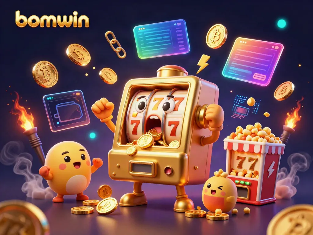 Experience the bomwin jackpot with golden slot machines celebrating wins in a vibrant casino scene.