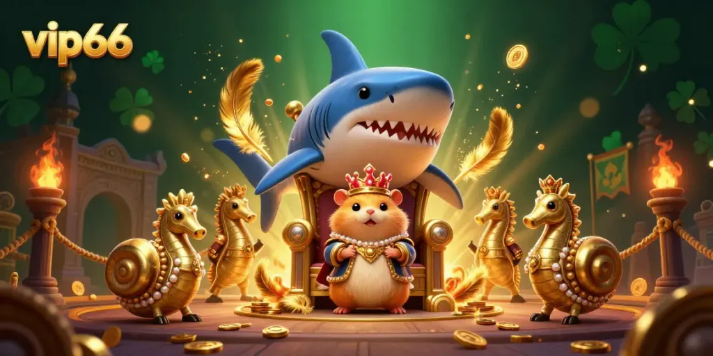 Join the golden hamster king on his throne at vip66, a vibrant online casino adventure!