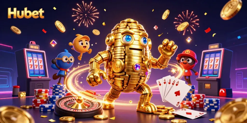 Experience thrilling gameplay with Hubet's dynamic casino scene featuring a golden golem and vibrant game elements.
