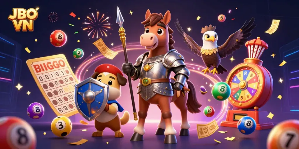Engage with JBO VN, where a knight, squire, and falcon celebrate winning in a vibrant gaming scene.