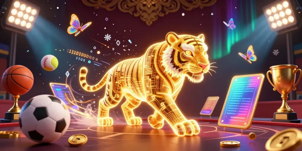 Experience exhilarating gameplay with 55rk in a vibrant digital casino featuring a neon energy tiger and sports elements.
