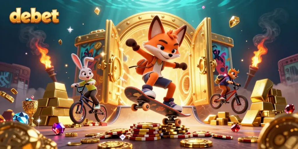 Experience debet through an exciting scene of a cartoon fox and rabbit performing tricks amidst casino treasures.