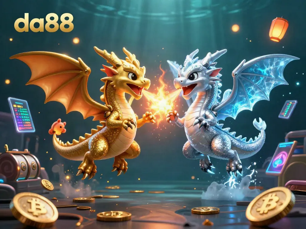 Experience the da88 dynamics of an ultra-detailed 3D casino illustration featuring twin dragons and slot game elements.