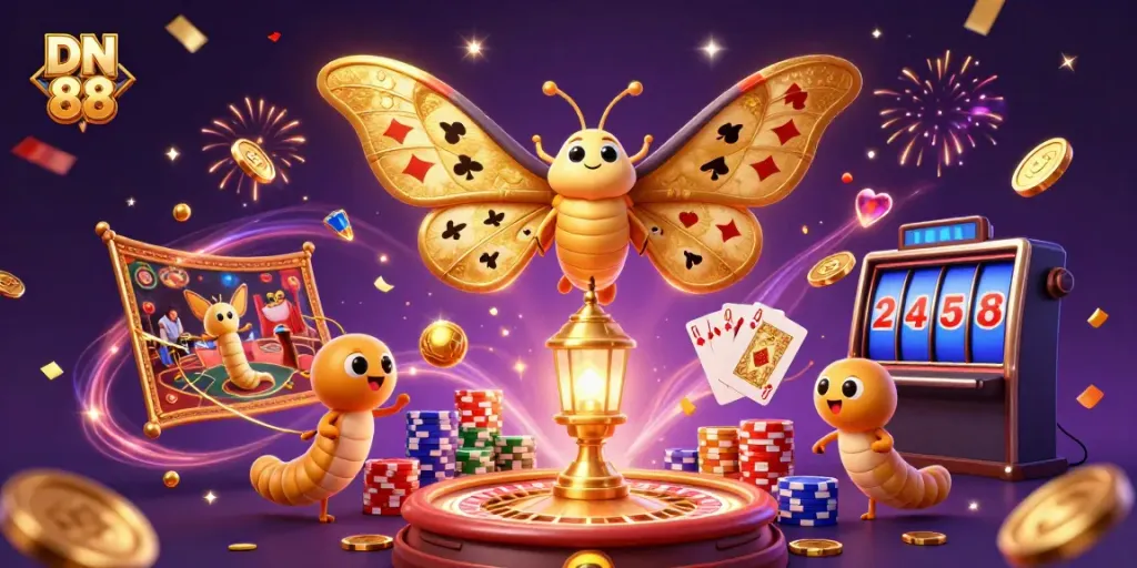 Experience the excitement of DN 88 with vibrant characters and dynamic casino elements in this rich 3D illustration.