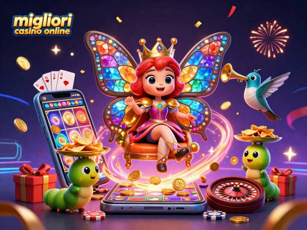 I migliori casino online presentano una scena vivace con una regina farfalla, funzioni di gioco e animazione colorata.