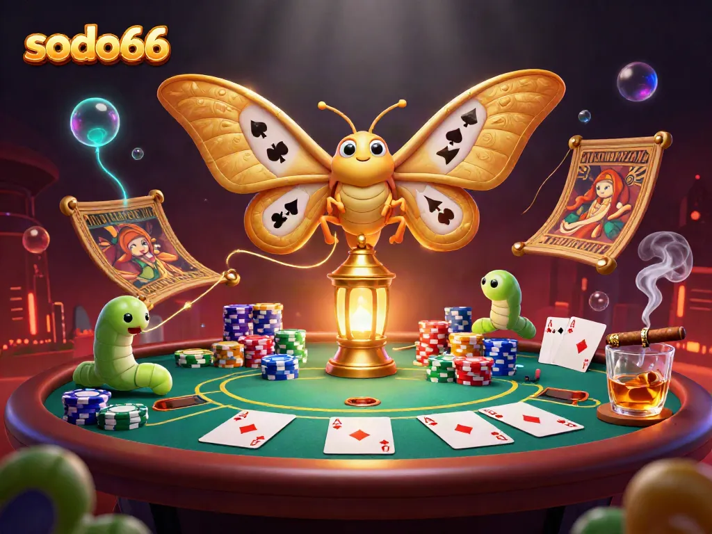 Sodo66 captivates gamblers with a vibrant casino scene showcasing a majestic atlas moth and poker elements
