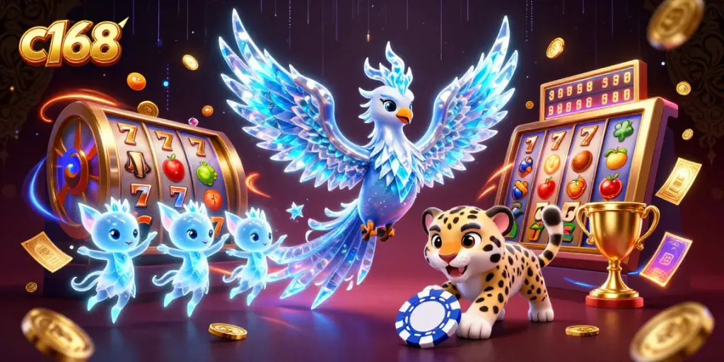 C168 captivates with an ice phoenix and a snow leopard in a dynamic casino game scene.