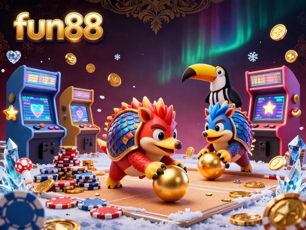 Experience fun88 with intense competition as cartoon pangolins roll through golden chips in a vibrant casino scene.