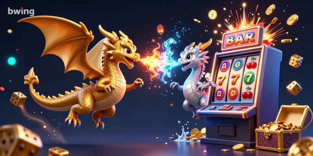 Experience the excitement of bwing with golden dragons, slot machines, and winning symbols!