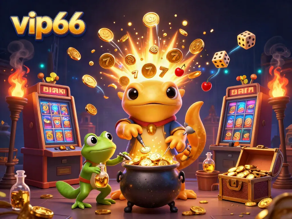 Experience the excitement of vip66 with a giant golden salamander alchemist creating gold coins in a vibrant casino scene.