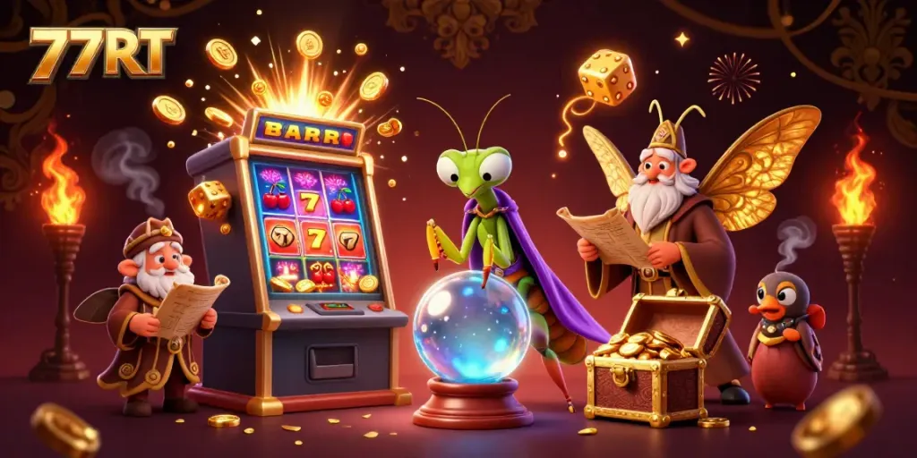 Experience thrilling wins with the dynamic characters of 77RT amidst a vibrant casino scene.
