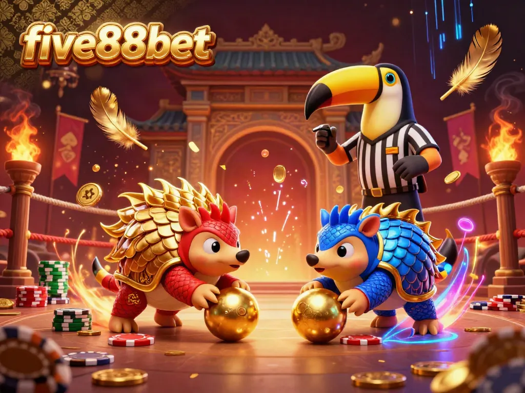 Experience thrilling action at five88bet with pangolins bowling golden balls amidst poker chips.