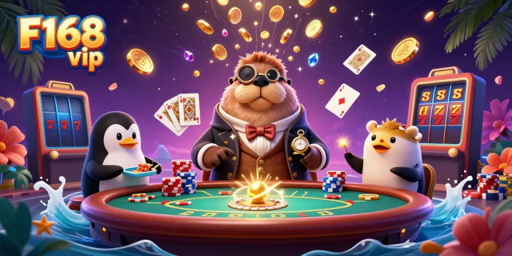 Experience the thrill of F168 vip with a whimsical underwater poker scene featuring vibrant characters and rich casino elements.