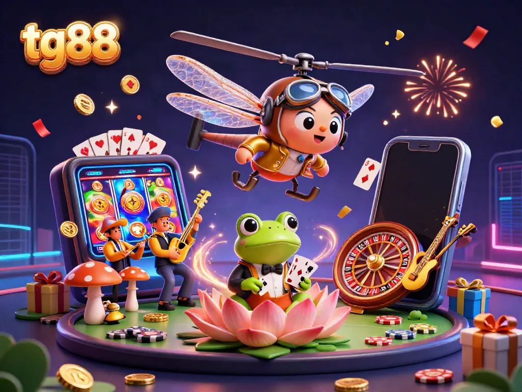 Engage in thrilling gameplay with tg88 at a vibrant lily pad casino featuring animated characters and casino elements.