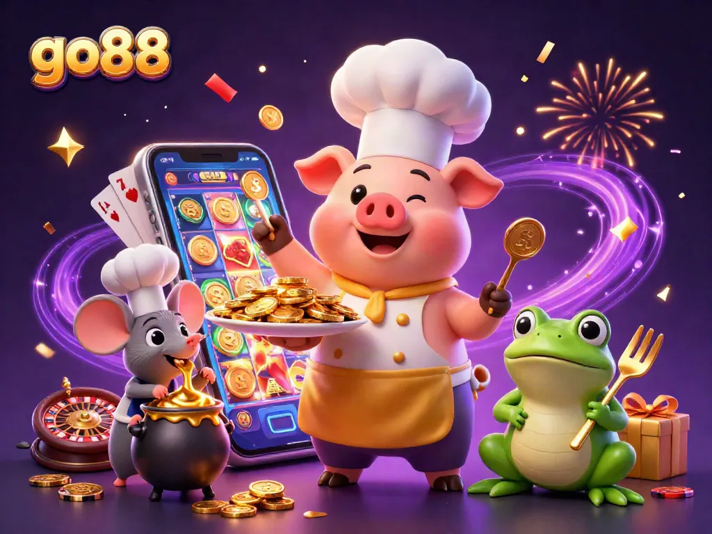 Entertainment scene showcasing go88 with 3D cartoon characters delighting in gold coins and casino elements.