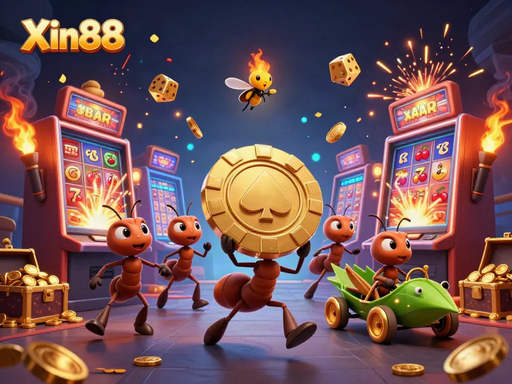 Experience thrilling gameplay at Xin88 with a heist-themed 3D digital illustration featuring adventurous ants and vibrant casino elements.