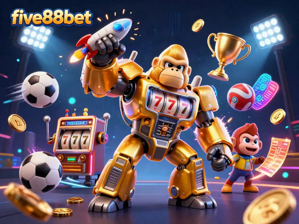 five88bet showcases winning strategies with a vibrant 3D gorilla mech and sports elements in action.