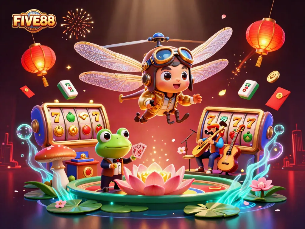 Engage with FIVE88's vibrant gaming scene featuring a dragonfly pilot and a frog croupier.