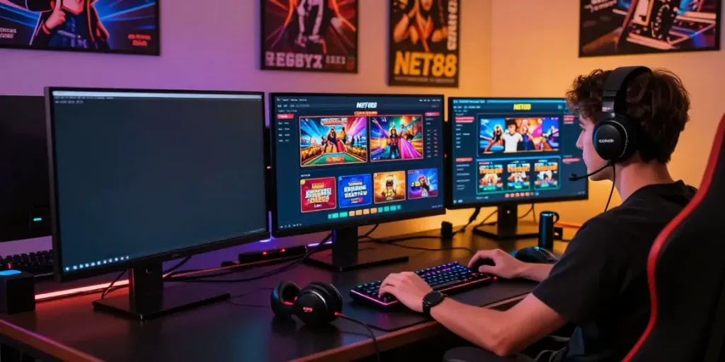 NET88 online gaming platform displayed on a computer screen with a user engaged in sports betting and casino games.
