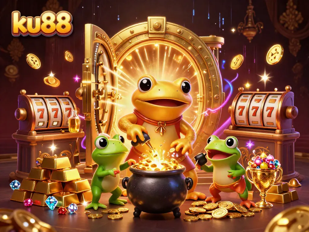 ku88 spins slot reels with golden treasures and alchemist characters in a vibrant casino scene