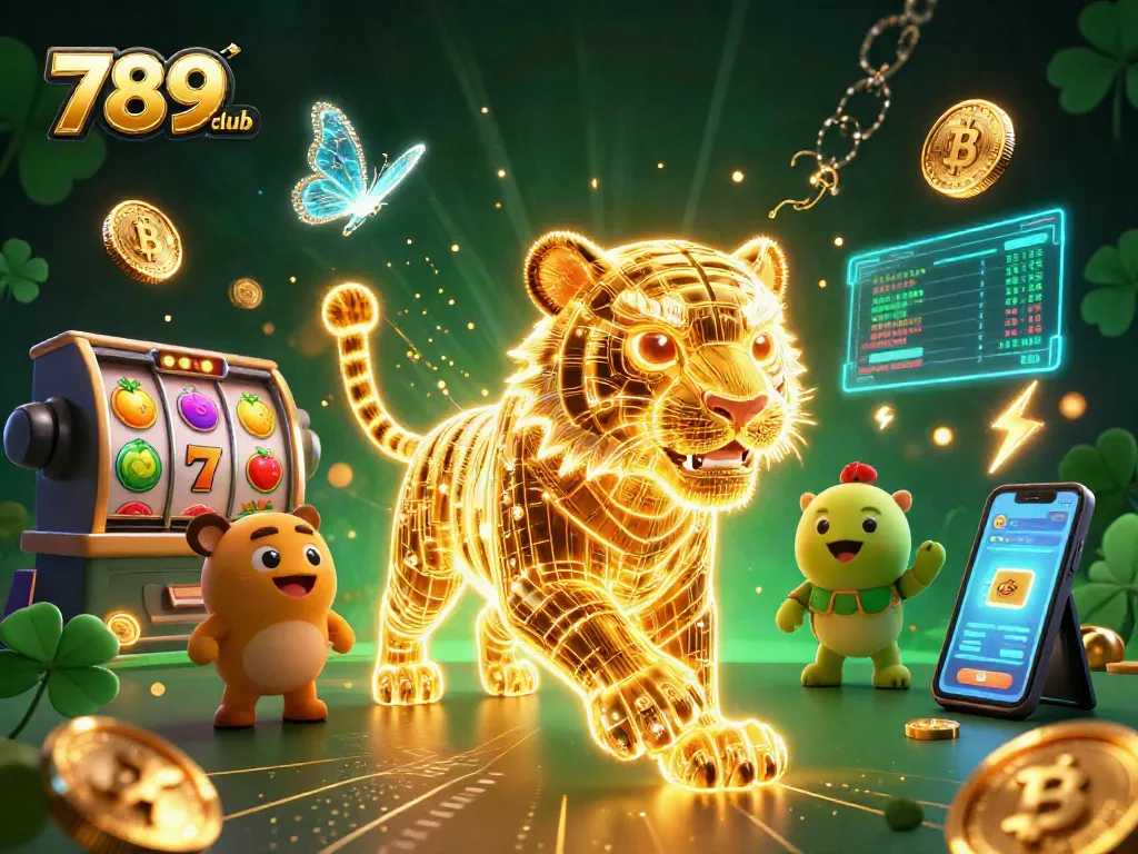 Engage with thrilling casino action at 789club, featuring vibrant slot machines and golden energy tiger.
