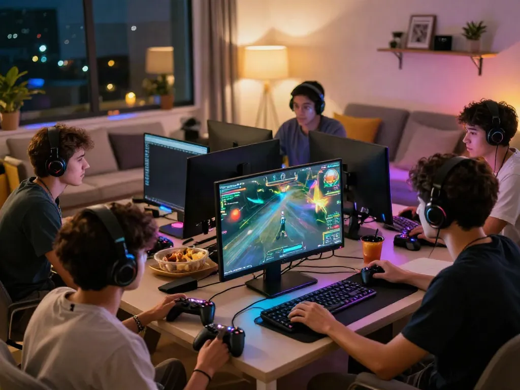 Men gaming together at home, showcasing the vibrant atmosphere of https://manclub1.jp.net/ with colorful LED lighting.