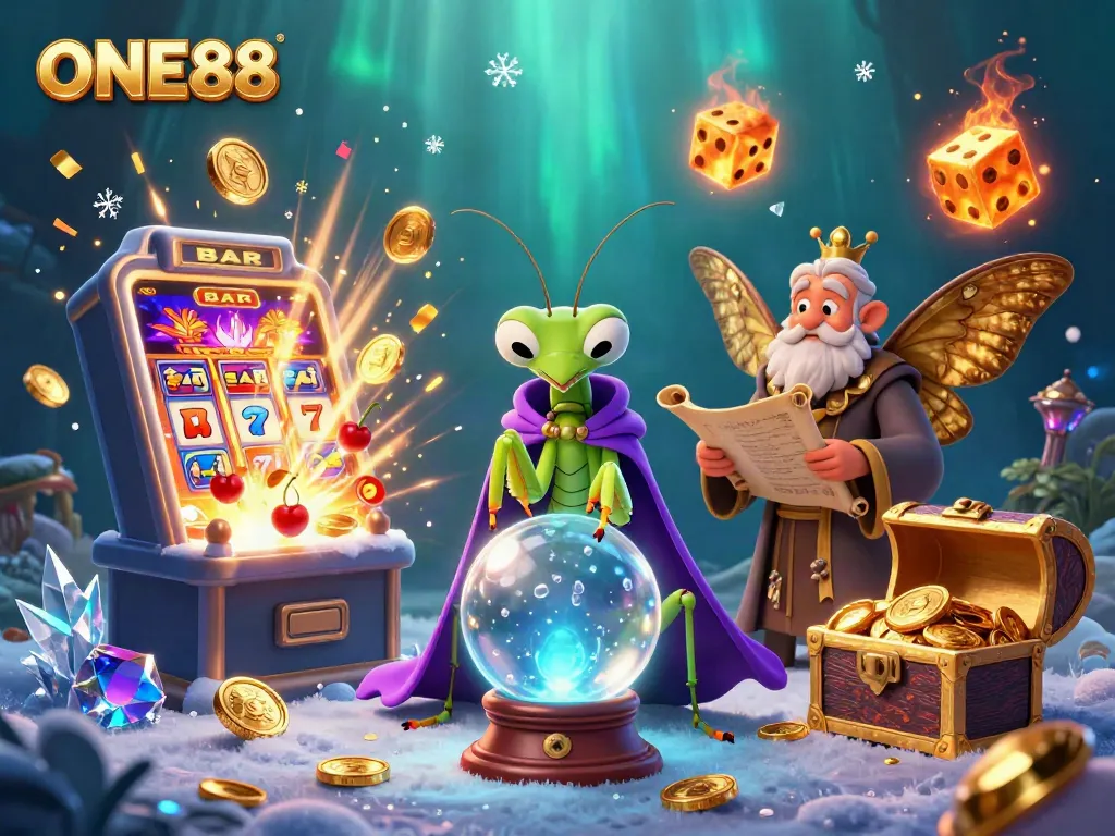 Slots and jackpots come alive in a vibrant ONE88 casino scene with fortune tellers and magical elements.