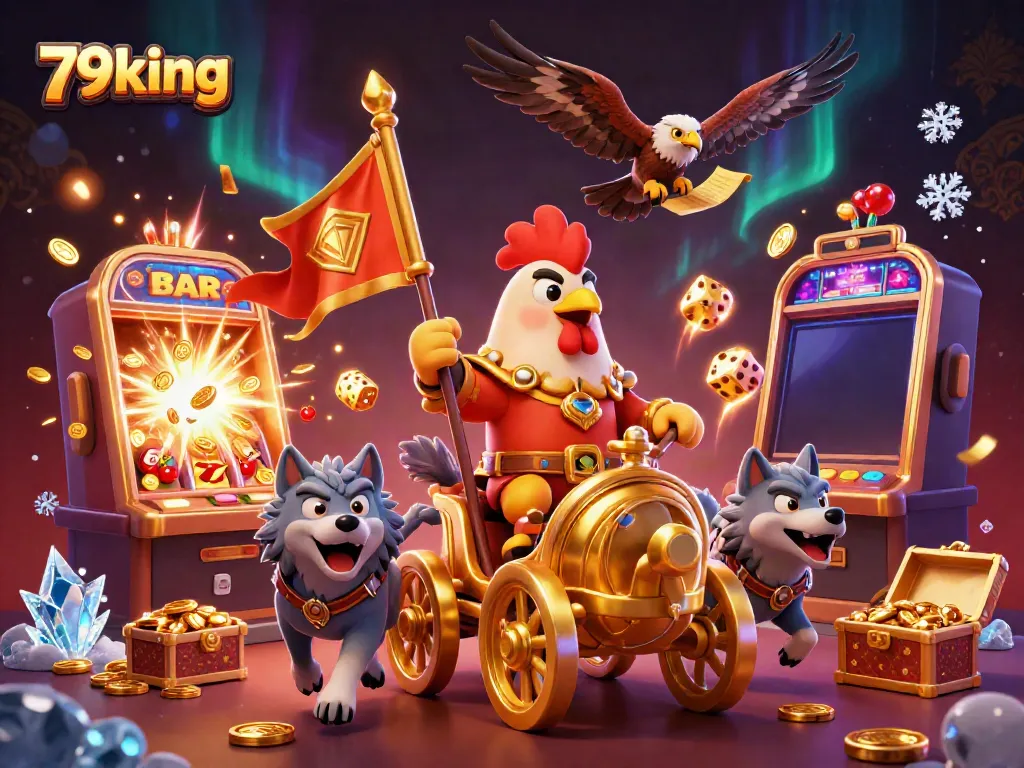Experience the excitement of 79king with a rooster warlord in a vibrant casino scene.