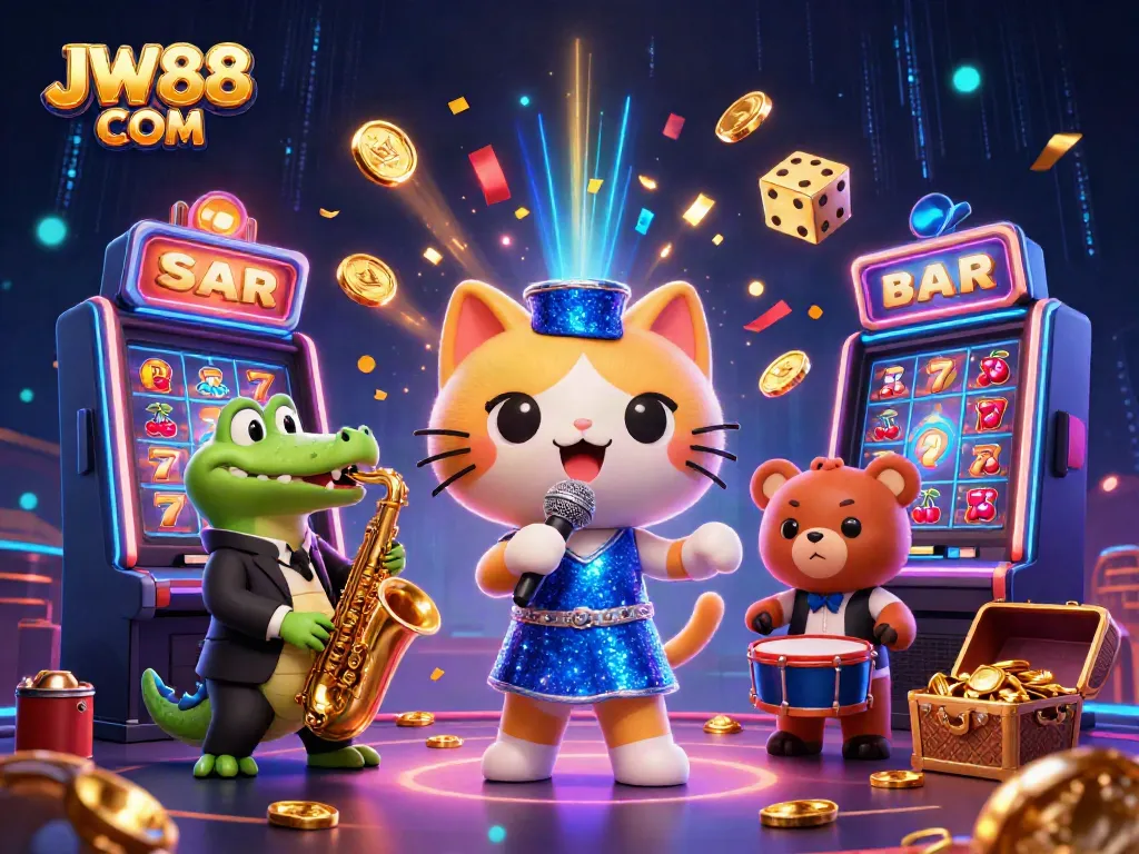 Experience the vibrant excitement of JW88 COM with a jazzy animated casino stage featuring unique characters and dynamic gaming elements.