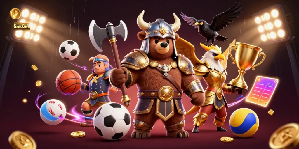 Engage with the thrilling atmosphere of link llwin, showcasing a Viking bear and Valkyrie eagle amidst sports betting elements.