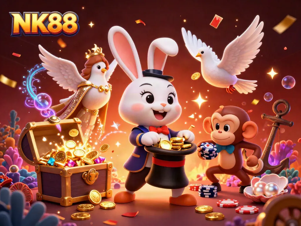 Experience thrilling gameplay at NK88 with a magician pulling coins, poker chips, and sparkling elements.