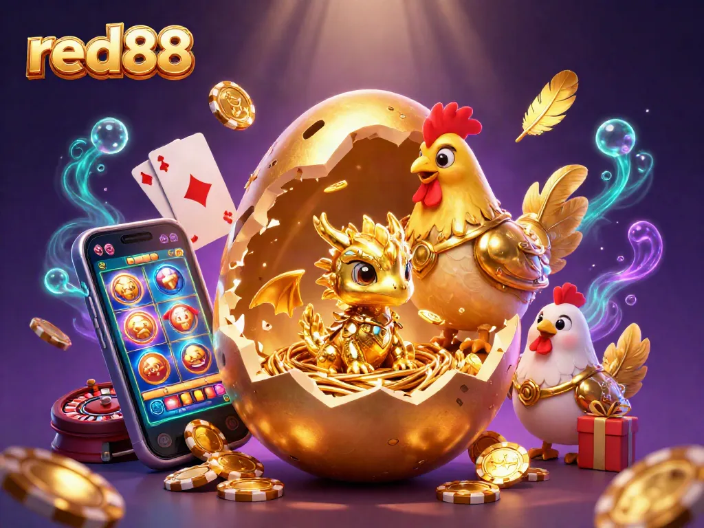 Engage with red88’s thrilling casino experience featuring a golden dragon amidst vibrant gaming elements.