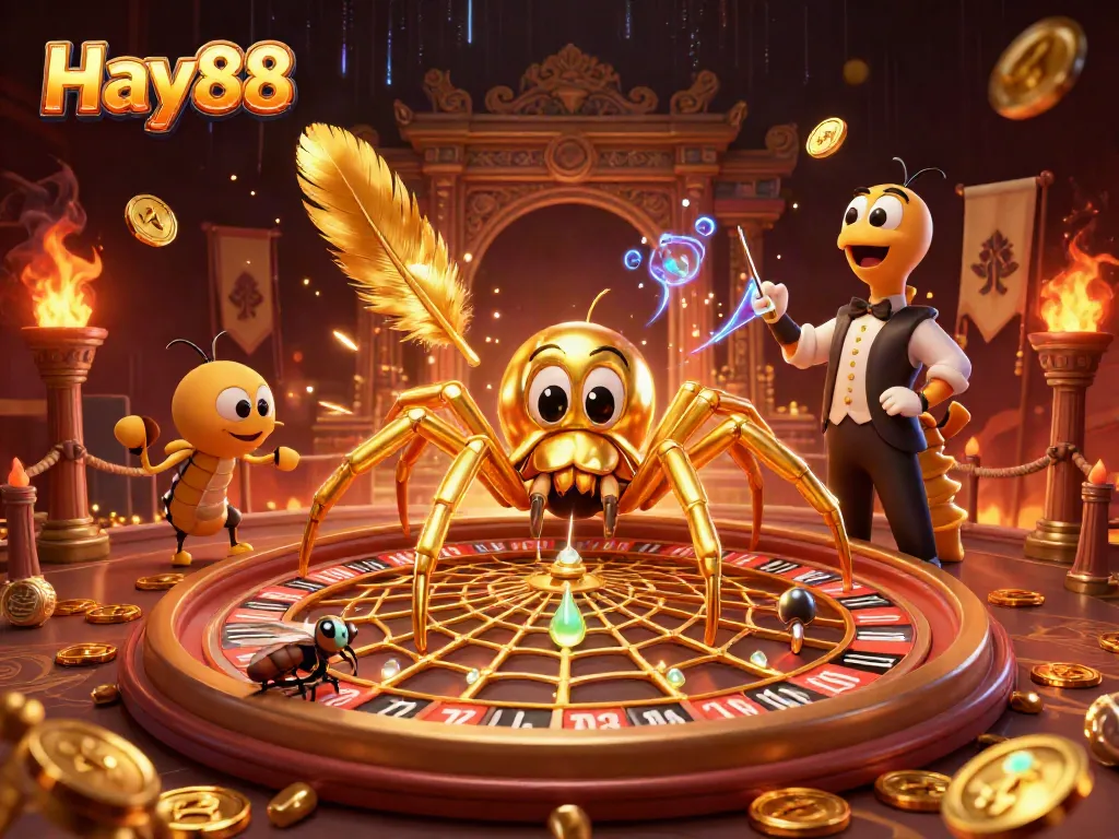 Experience excitement at Hay88 with a golden spider croupier in a buzzing casino atmosphere.