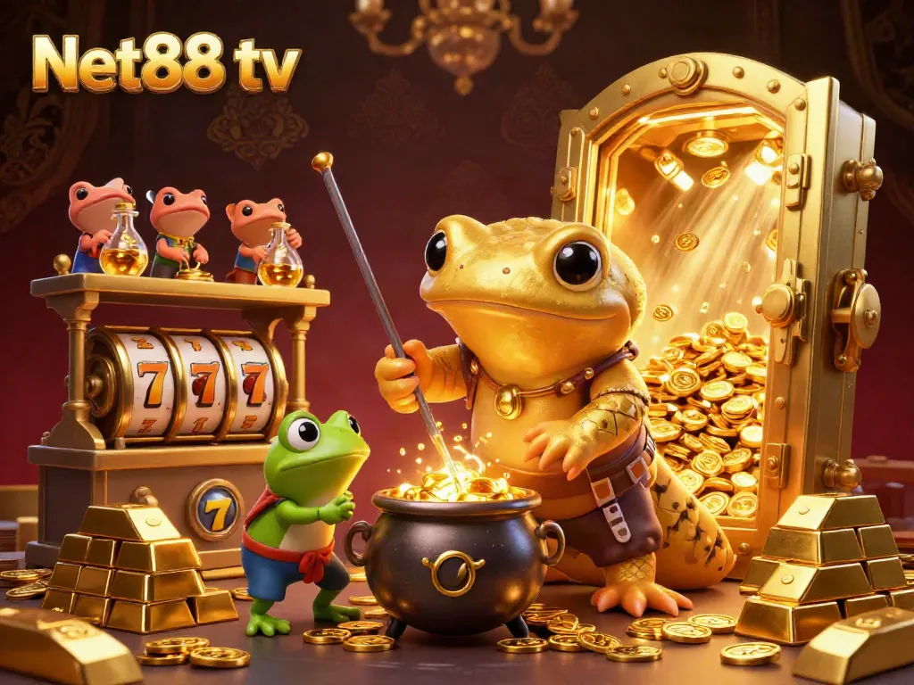Engage with Net88 tv's vibrant gaming scene featuring an alchemist converting metals into gold.