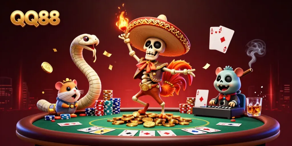 Experience thrilling wins at QQ88 with a lively celebration of casino games and vibrant characters.