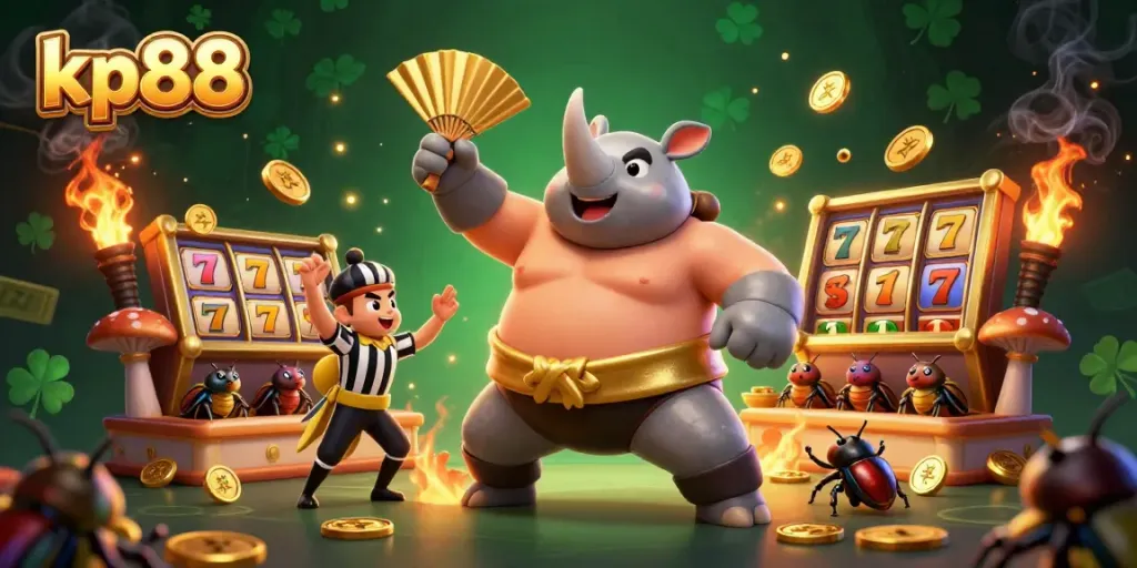 Engaging kp88 casino scene featuring a sumo champion beetle surrounded by flying slot elements and glowing coins.