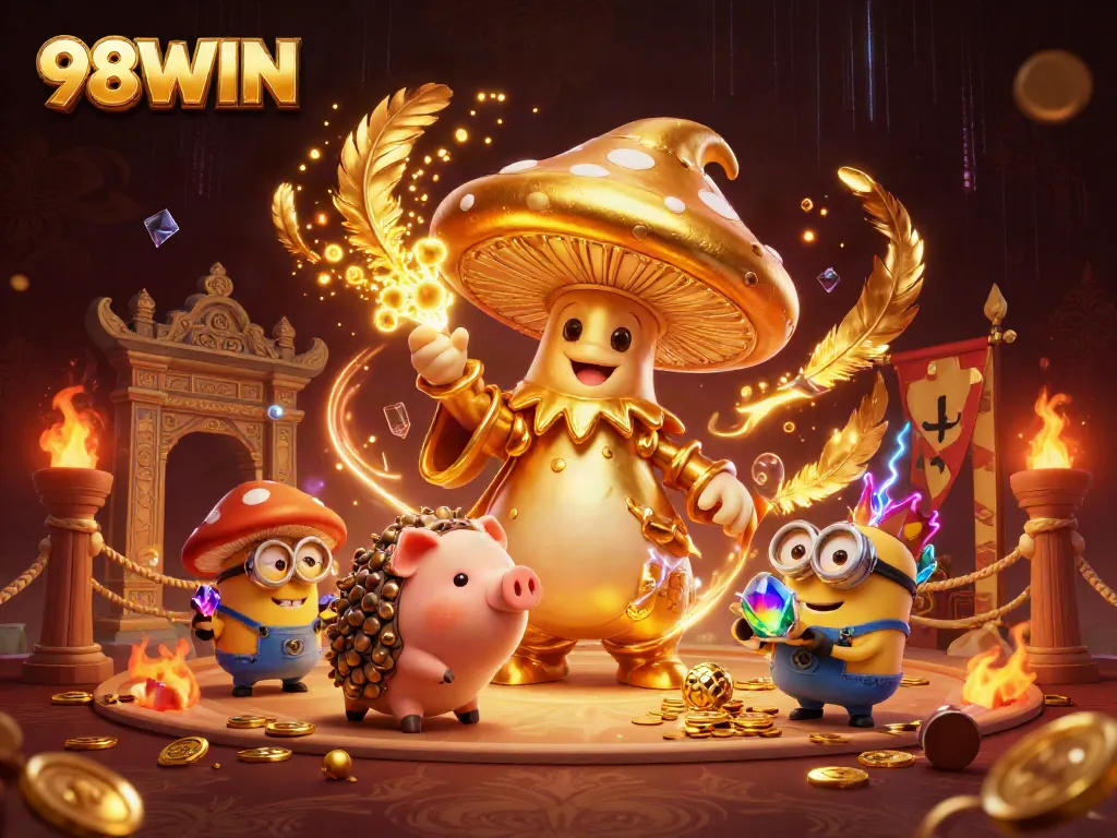 Experience the magic of 98WIN with a wizard and treasures in a vibrant casino scene.