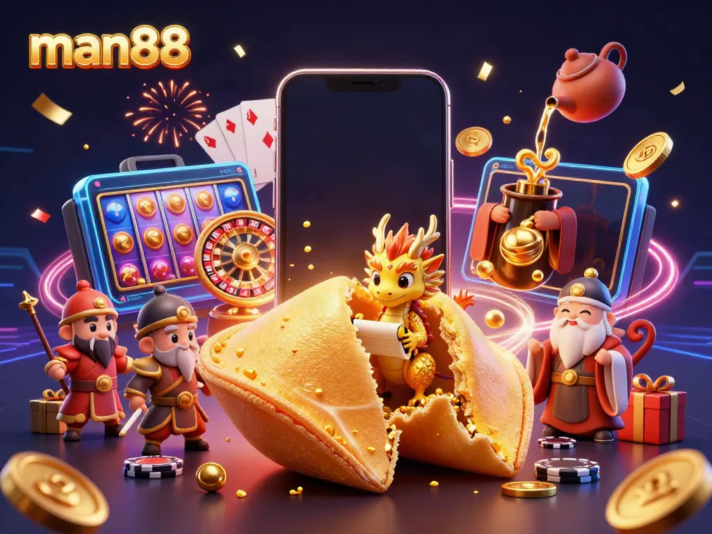Experience thrilling gameplay with man88 featuring a golden fortune cookie, casino games, and vibrant elements.