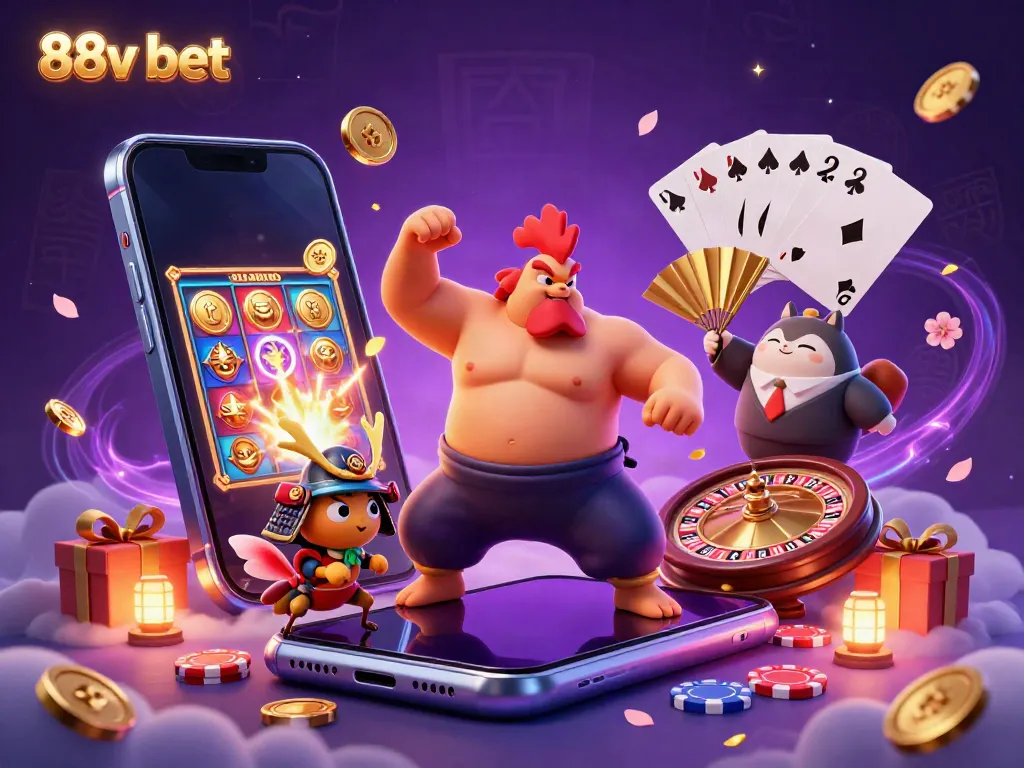 Experience the thrill of 88v bet with a dynamic scene featuring a sumo wrestler rooster and lucky symbols.