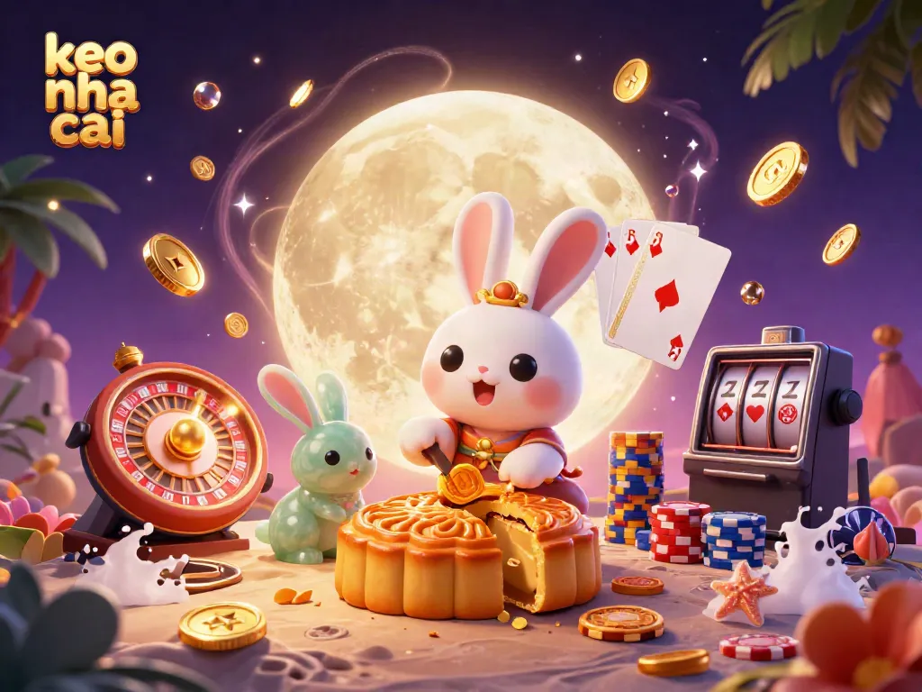 Experience the excitement of keo nha cai with a lively scene showcasing a moon rabbit amidst casino elements.