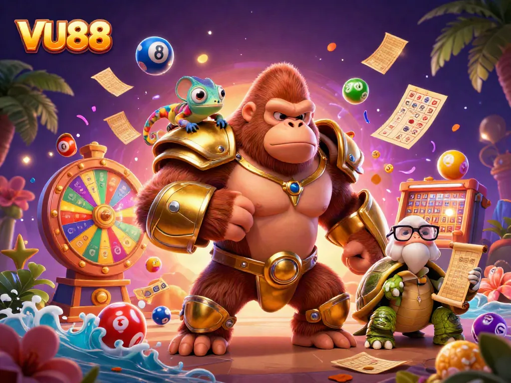 Experience winning excitement at VU88 with dynamic lottery elements and powerful characters in a vibrant scene.