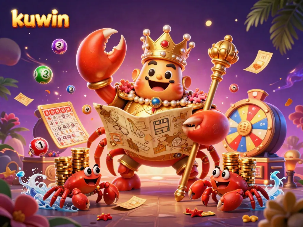 Kuwin offers vibrant lottery action with a golden crab emperor, colorful balls, and exciting prizes