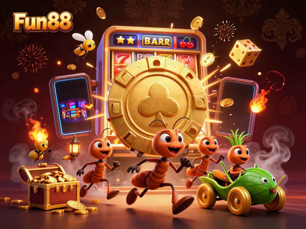 Fun88's vibrant casino scene featuring ants stealing a giant poker chip, surrounded by jackpot elements and colorful gaming symbols.