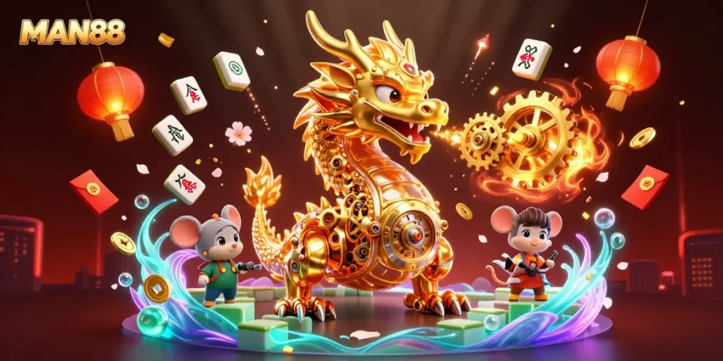 Experience thrilling gameplay with MAN88's golden dragon and vibrant casino elements in this engaging illustration.