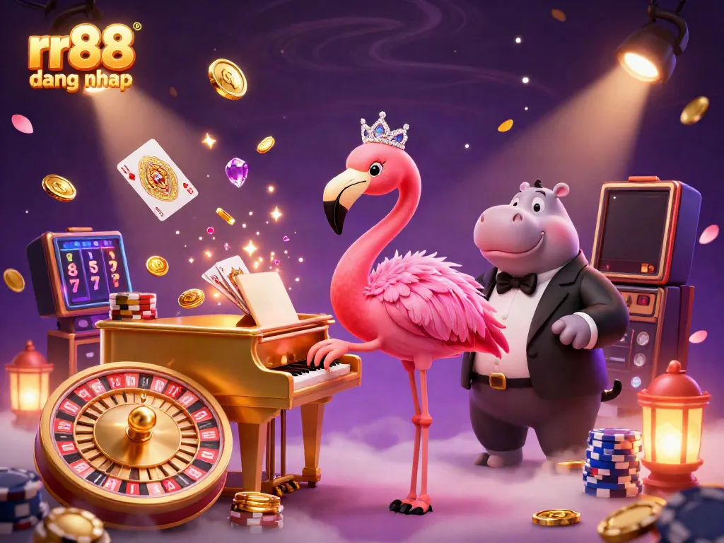 Experience vibrant gaming with rr88 dang nhap, featuring exciting 3D characters, coins, roulette, and poker chips.