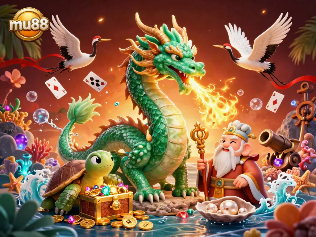 Experience thrilling gameplay with mu88's vibrant 3D casino scene featuring a dragon, turtle sage, and decorative game elements.