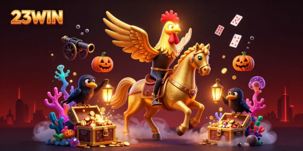 Experience vibrant gaming action at 23WIN with golden rooster characters amidst dynamic casino elements.